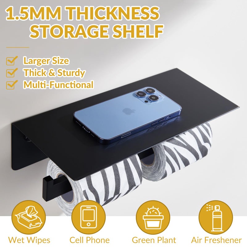APLusee Matte Black Double Toilet Paper Holder with Shelf, 304 Stainless Steel Bathroom Tissue Roll Holder, Commercial Paper Dispenser Wall Mounted - Image 5